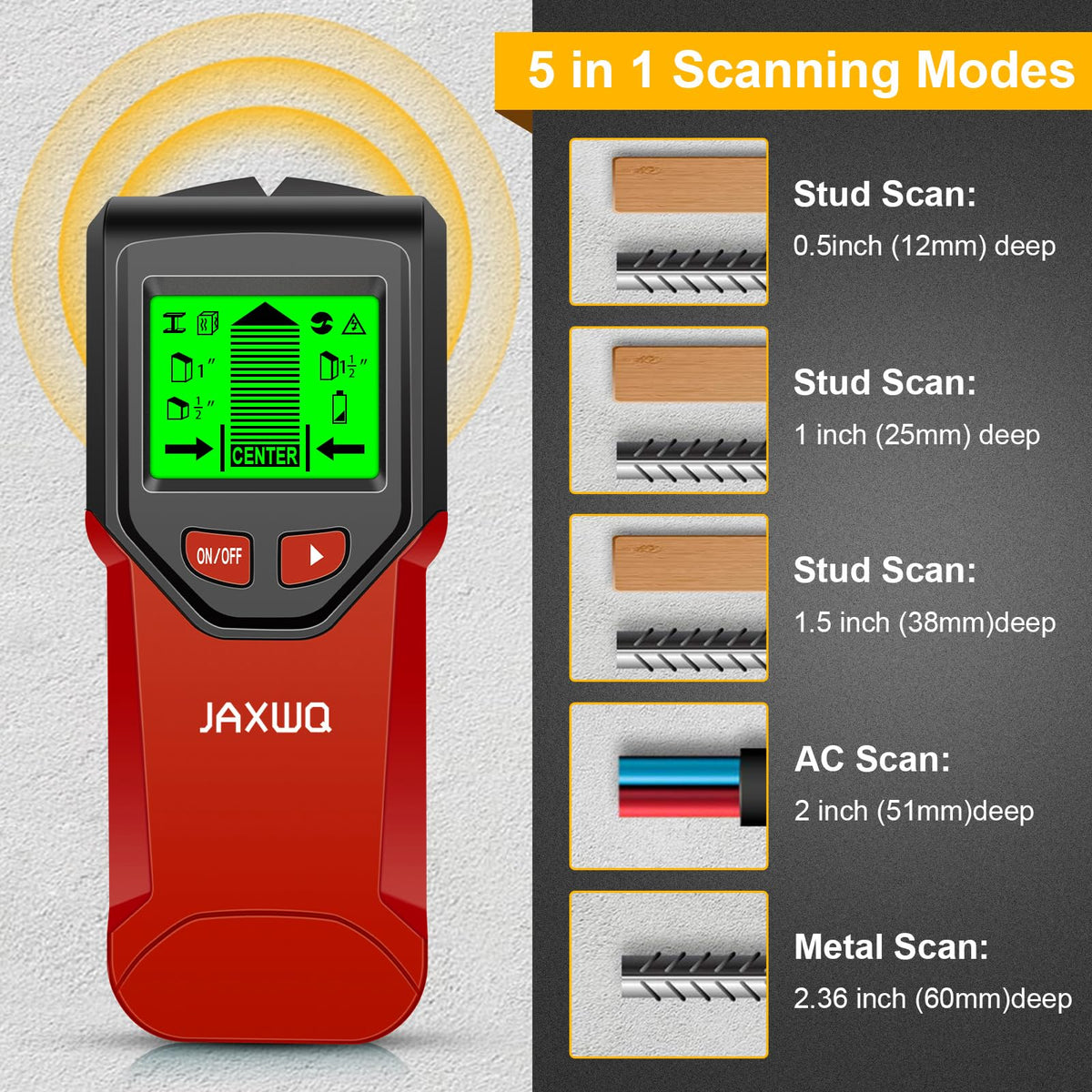 JAXWQ Stud Finder wall scanner performs metal scan to locate hidden metal behind surfaces.