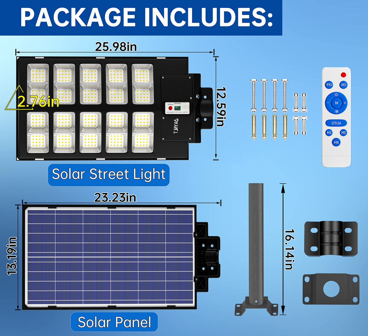 JAYNLT Y-5200W easy-installation solar street light for pole or wall mounting.