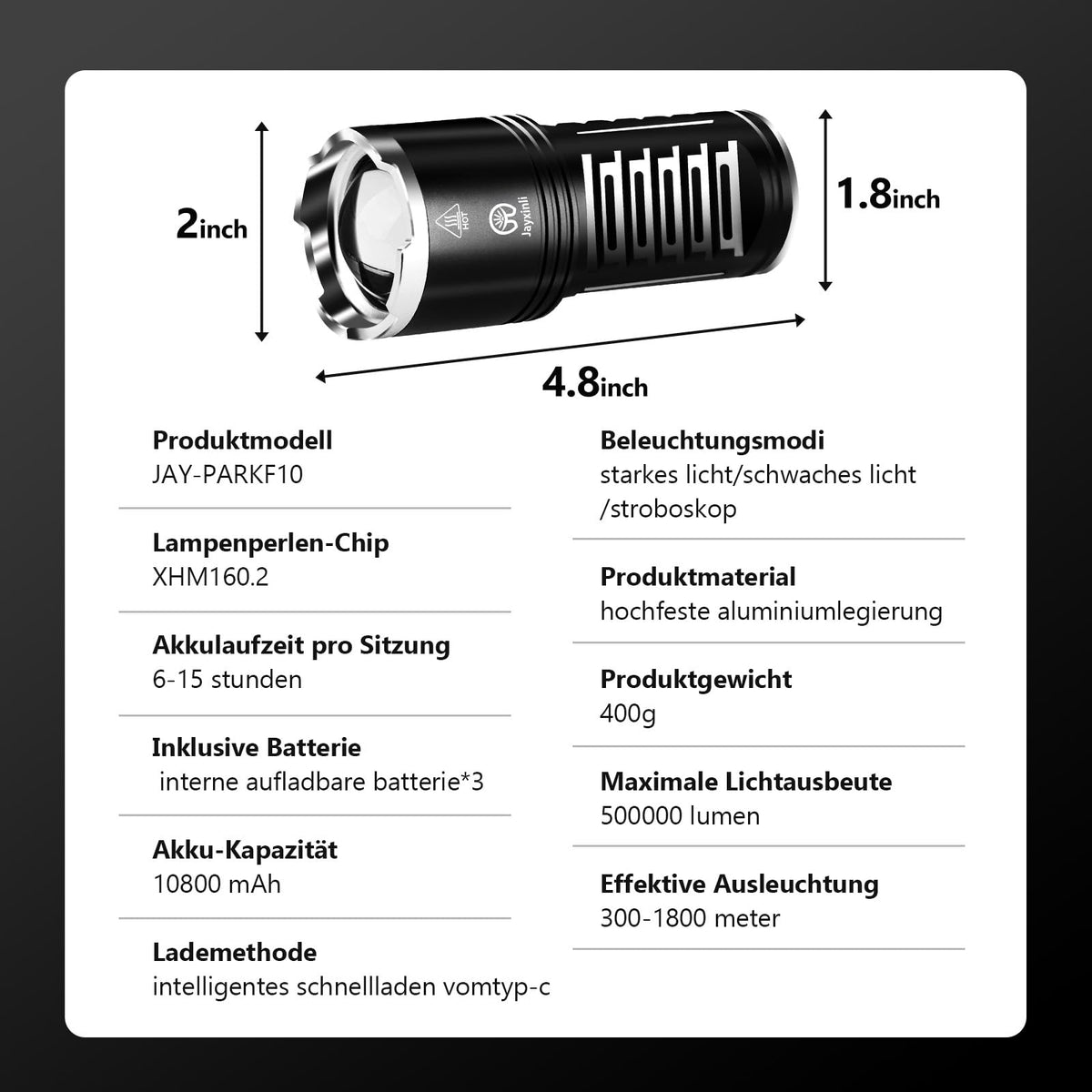 JAY-PARK LED flashlight durable aluminum body for harsh conditions.