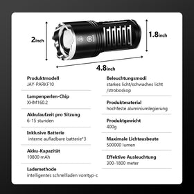 JAY-PARK LED flashlight durable aluminum body for harsh conditions.