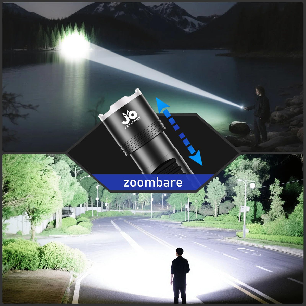 JAY-PARK LED flashlight battery indicator aids planning for extended outdoor use.