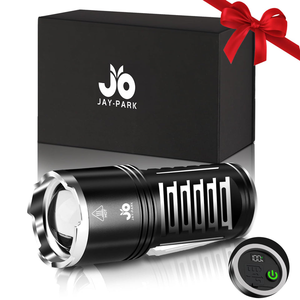 JAY-PARK LED flashlight front view highlights rugged exterior for reliable home lighting.