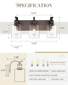 JAZAVA vanity light close-up of clear glass shades highlighting sturdy mounting rings