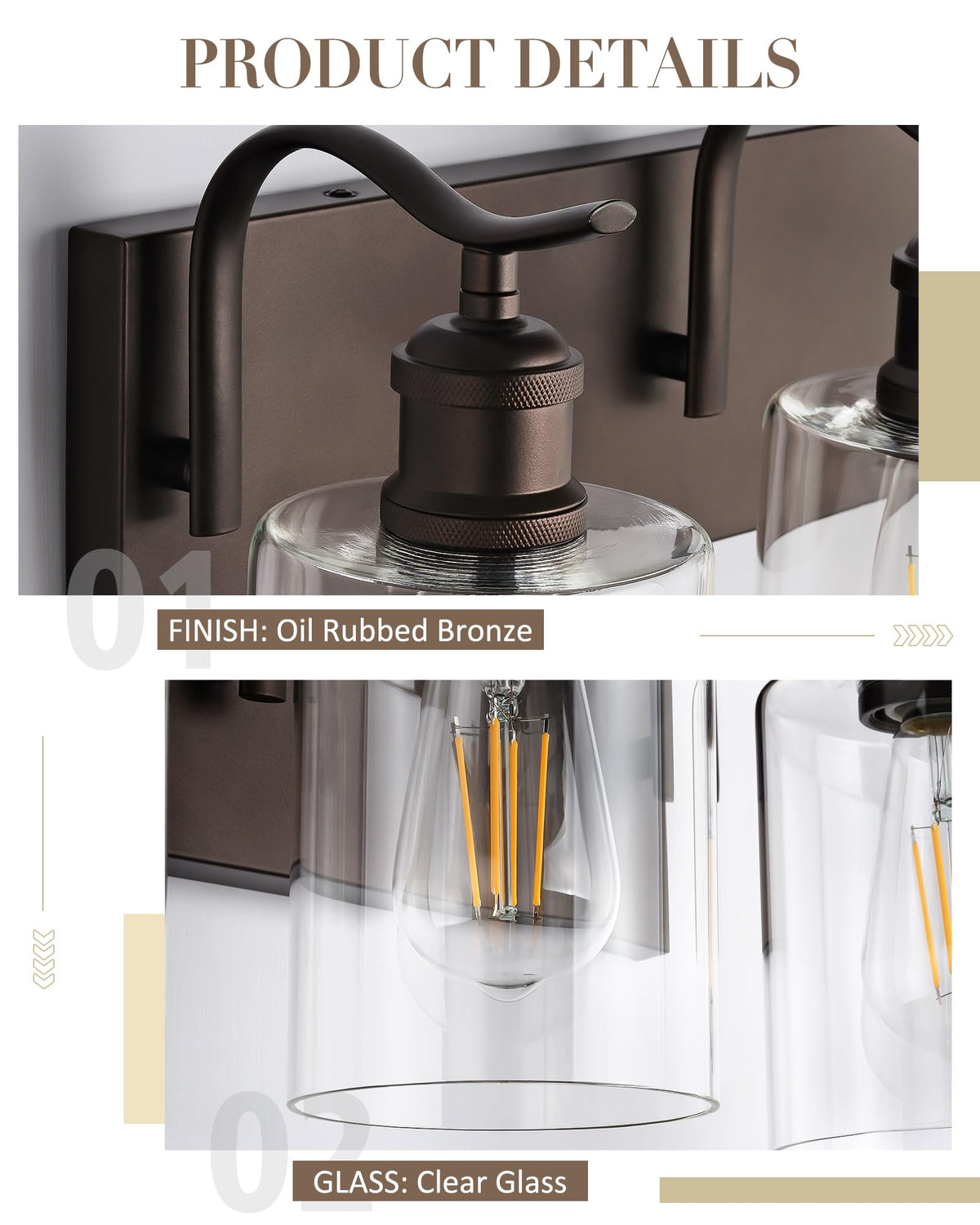 Solid metal body and secure rings of JAZAVA vanity light for safety