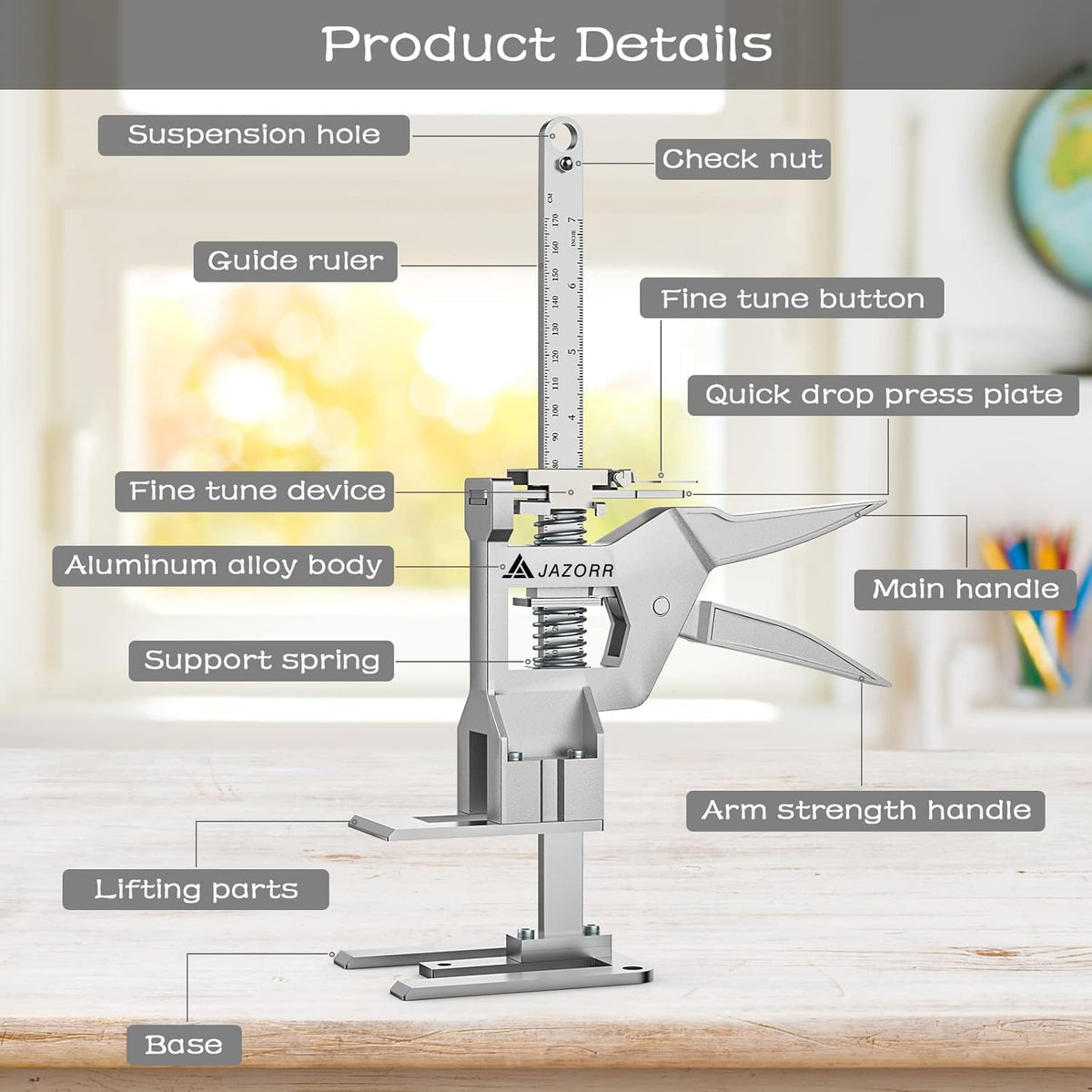 JAZORR two-speed height-adjustment arm-jack enables precise, safe lowering