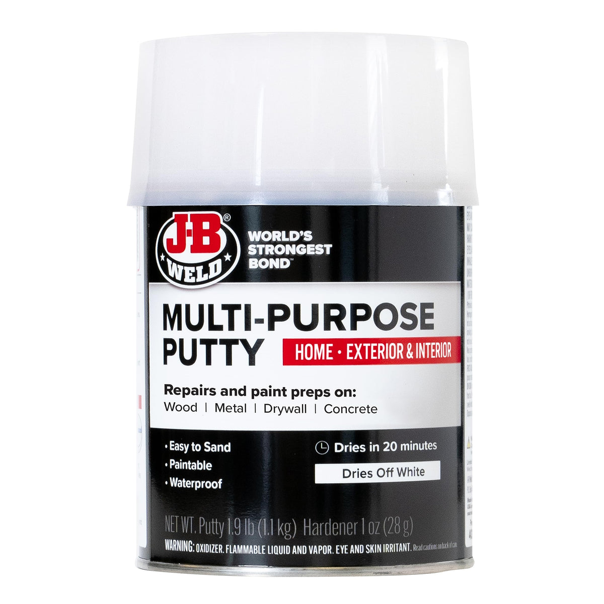 J-B Weld Multi-Purpose Putty quart close-up for quick, durable repairs on wood and metal.