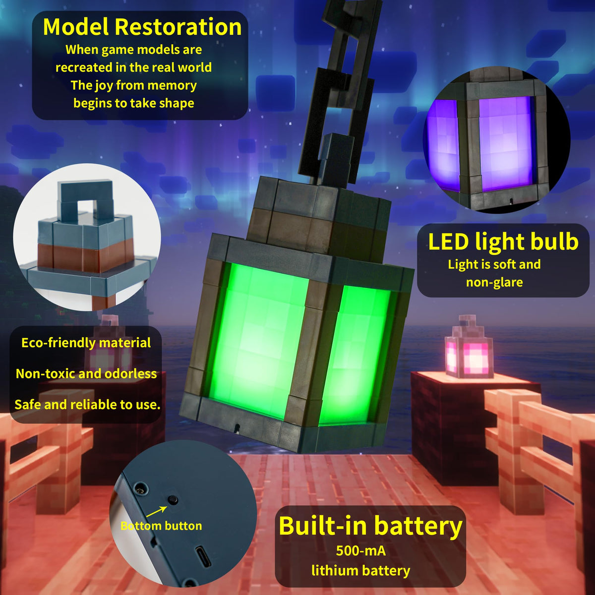 JBEIY Pixelated Lantern emits a soft, non-glare glow at night