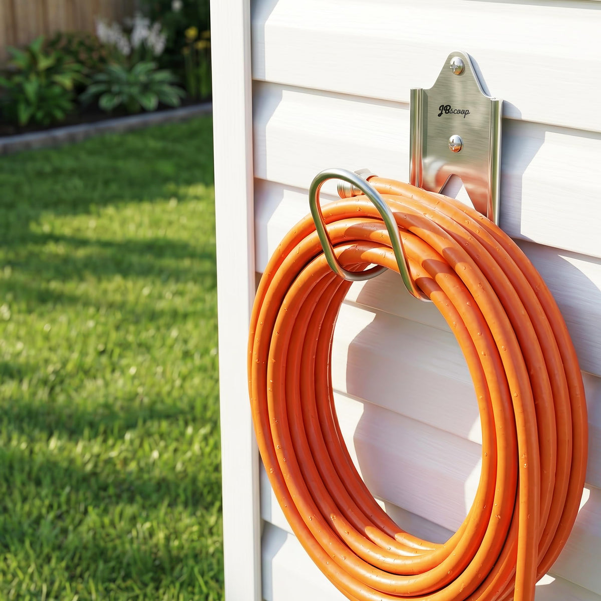 JBscoop stainless steel hose holder close-up highlighting rust-proof durability for outdoor use.