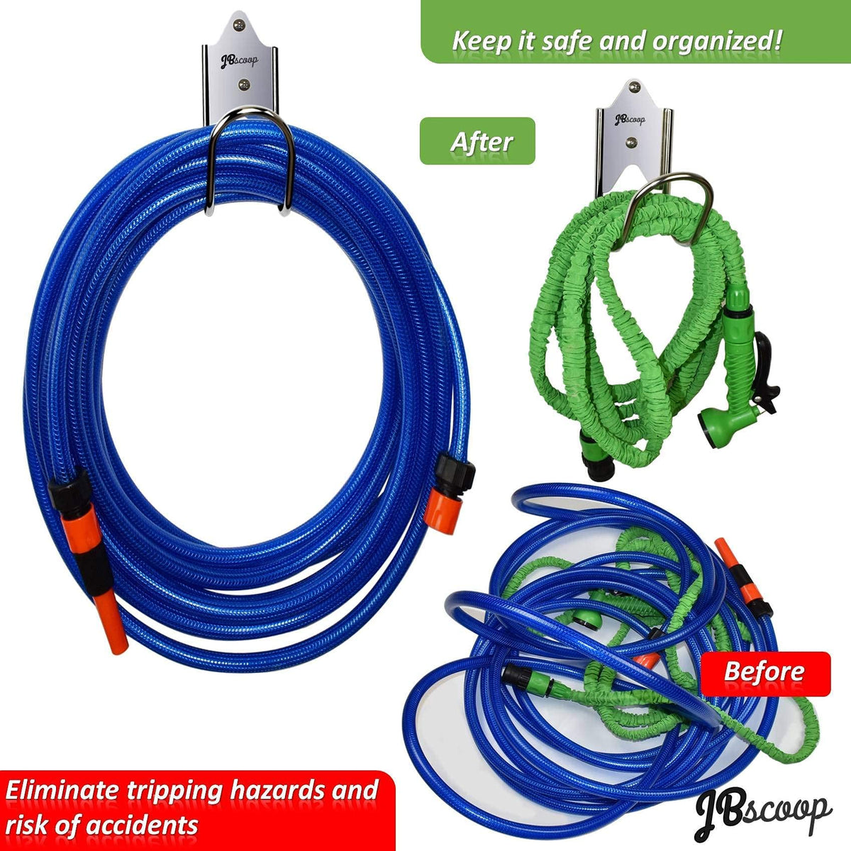 JBscoop water hose organizer in garage for tidy storage and tangle prevention.