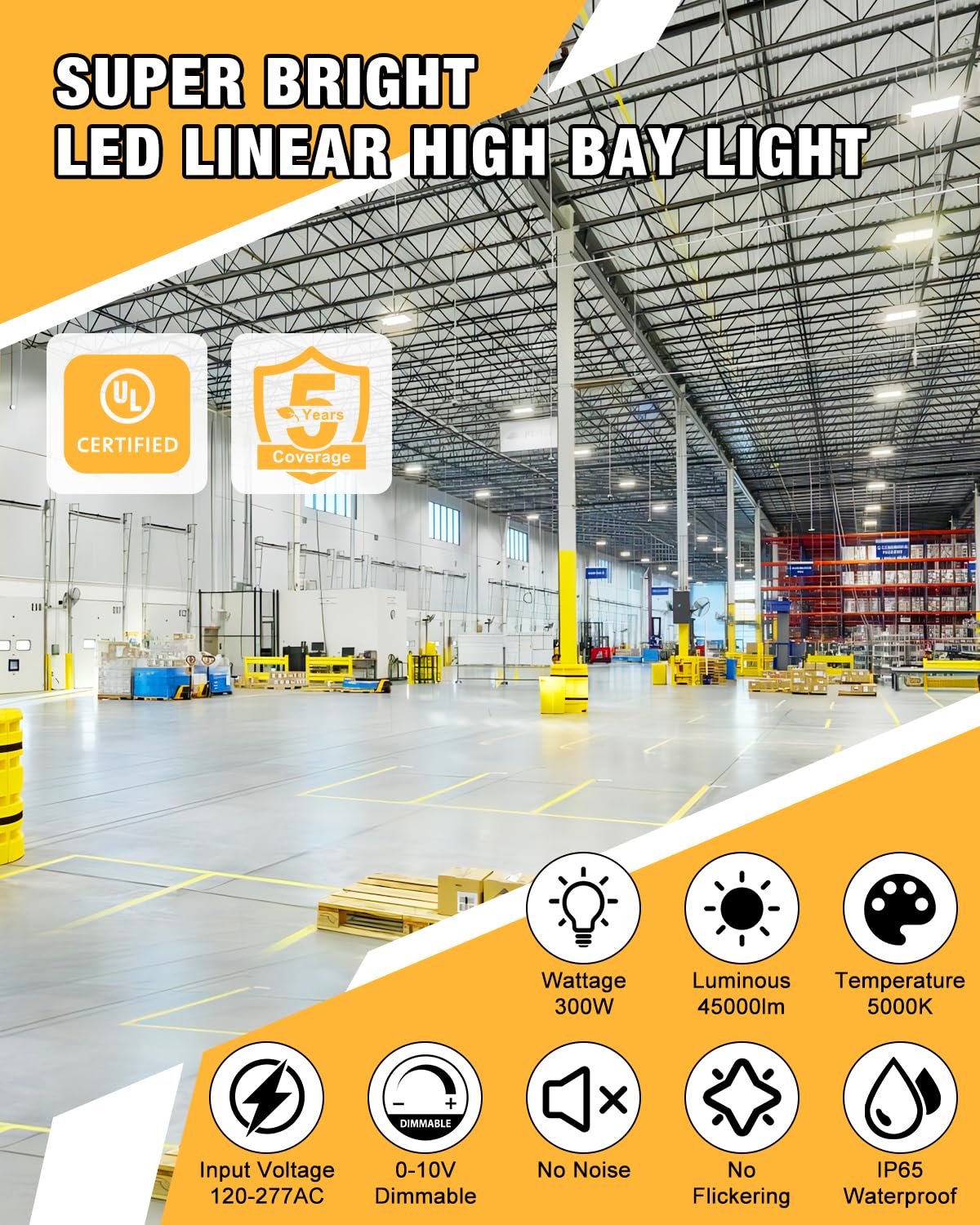 JC-LGL 300W linear high bay light side view highlights slim profile and easy mounting.