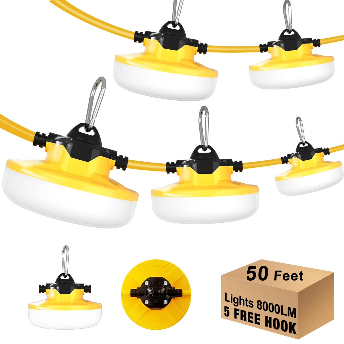 JC-LGL LED string light with five bulbs illuminating a wide work area