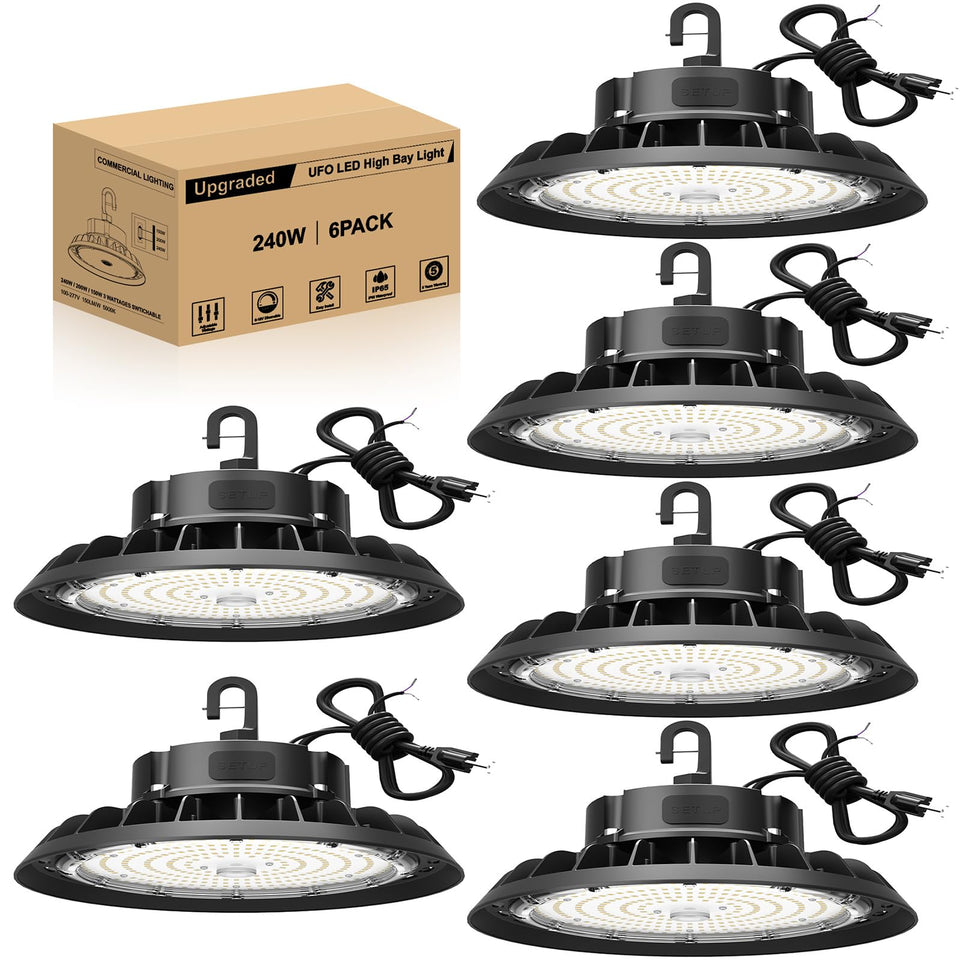 JC-LGL UFO LED High Bay 240W illuminates warehouses with clear, high-output light