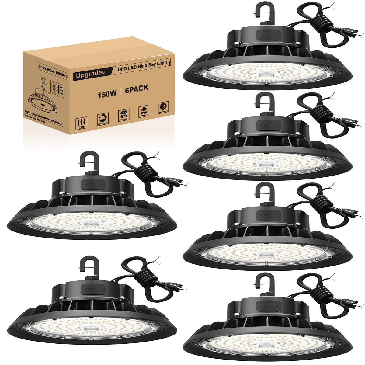 JC-LGL UFO LED High Bay Light 150W 6-pack front view for bright warehouse illumination.