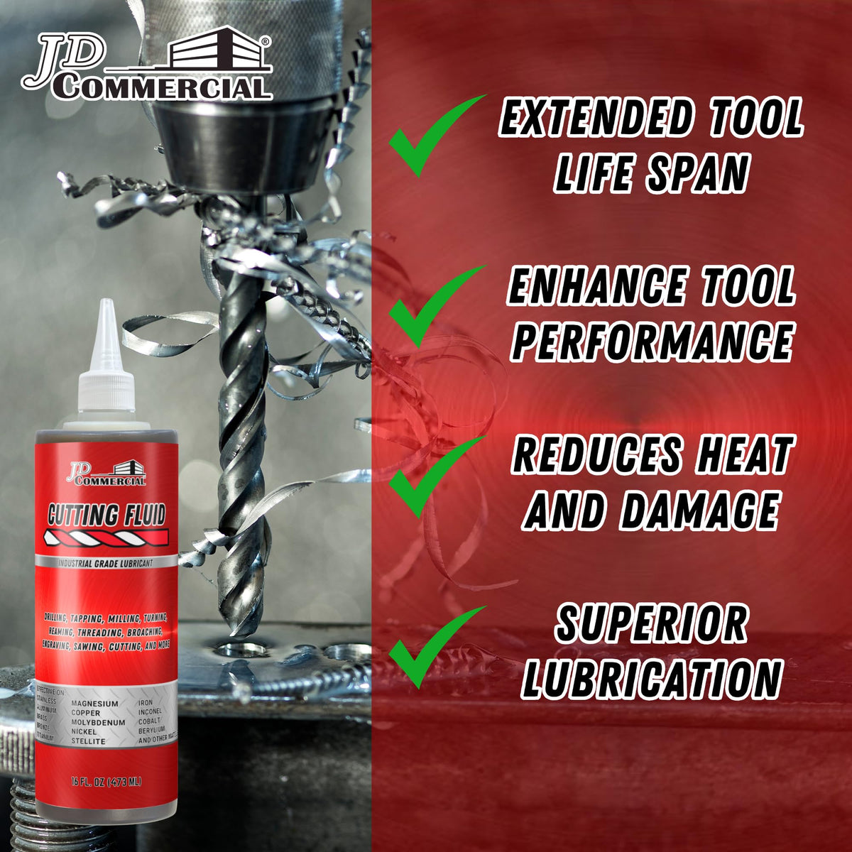 JD Commercial cutting fluid anti-wear film on metal surfaces reduces friction.