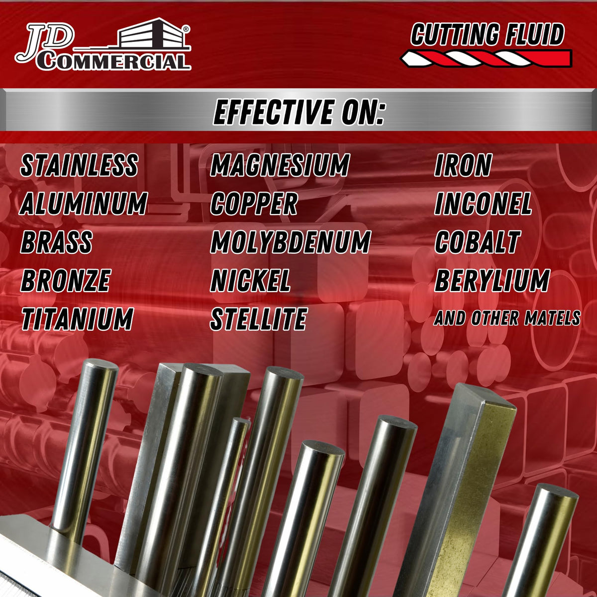 JD Commercial cutting fluid tool-life extension supports longer tools and sharper edges.