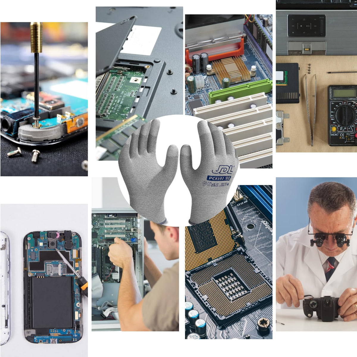 JDL ESD gloves used in PC assembly and repair tasks.