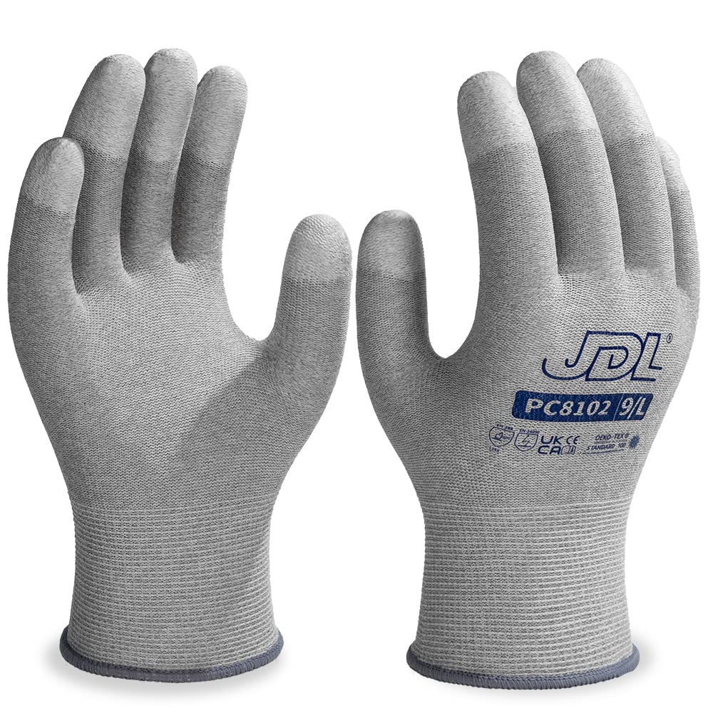 JDL ESD gloves carbon fiber closeup showing anti-static weave for electronics work.
