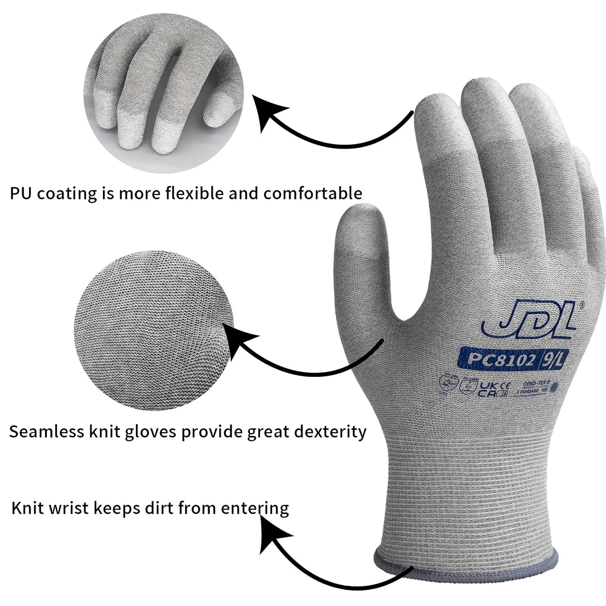 JDL ESD gloves on hand highlighting snug fit and dexterity.