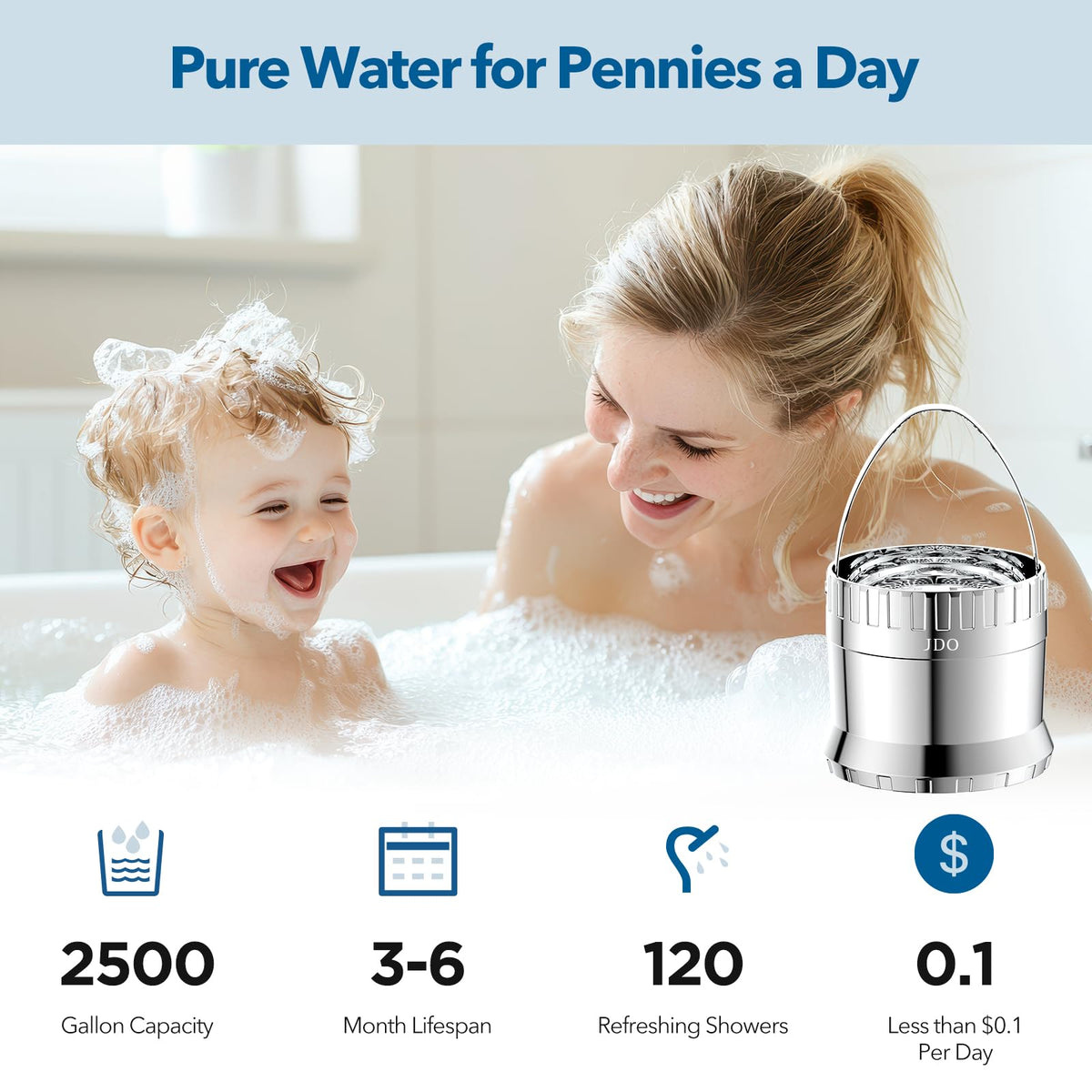 JDO bath filter 2500 gallons capacity promises long-lasting filtration between replacements.