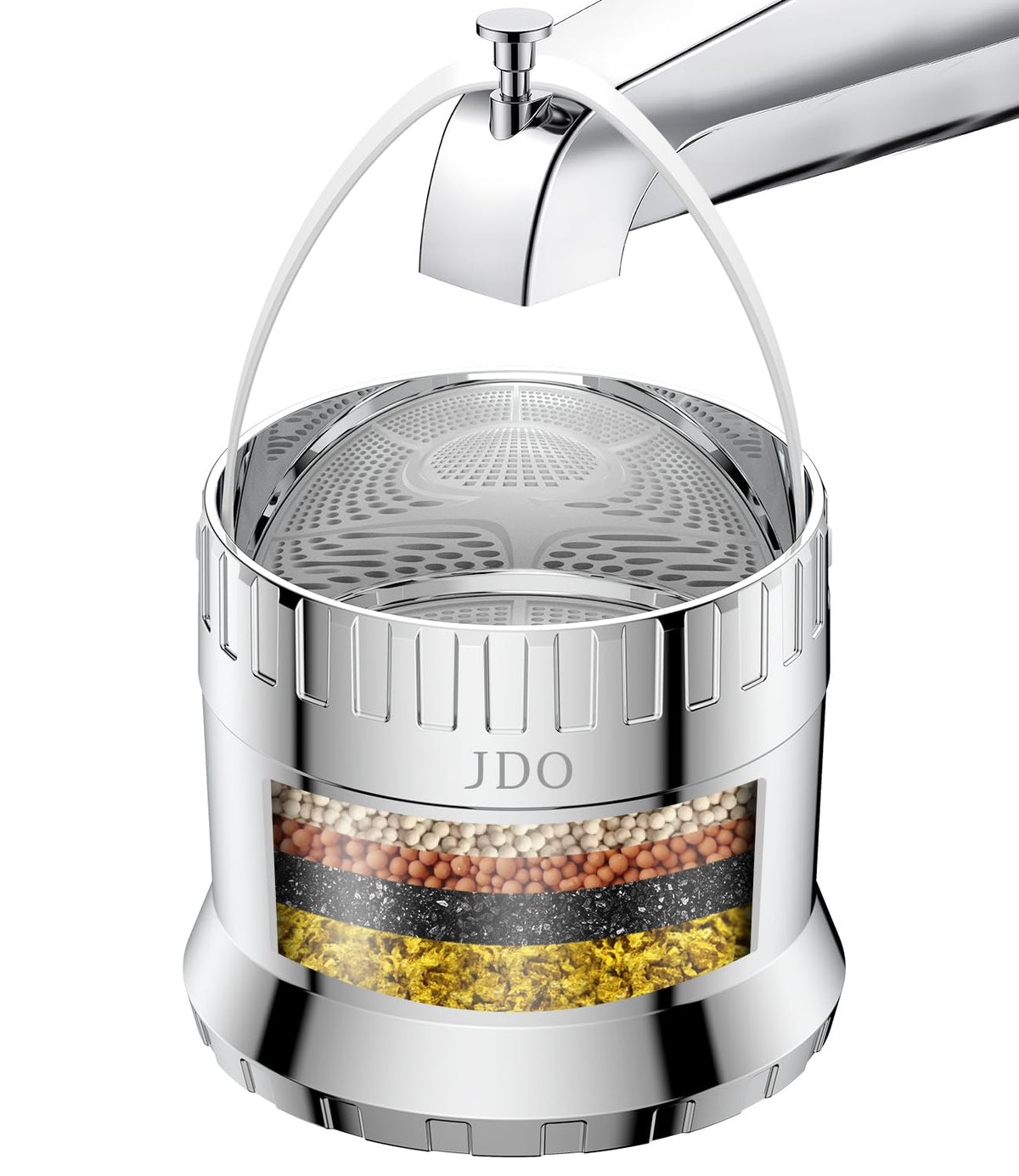 JDO bath filter with large opening design enables easy tub filling and filtration.