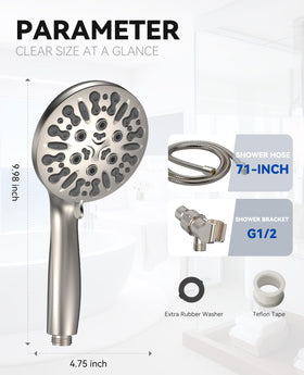 JDO brushed nickel shower head in use for a modern look