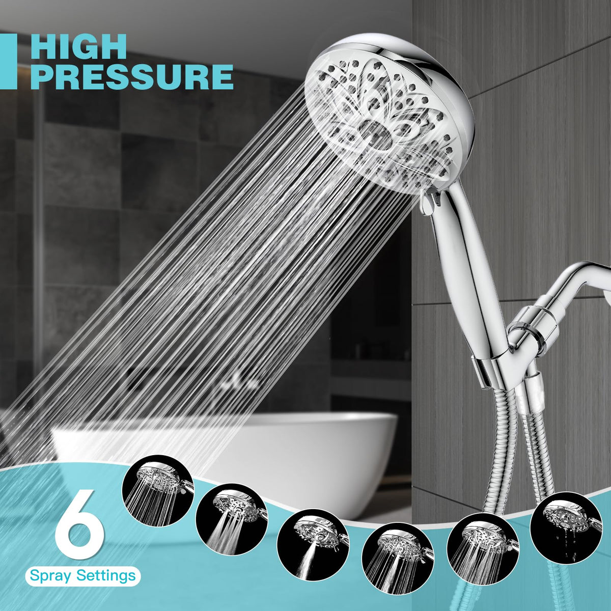 JDO handheld shower head with hose delivers powerful spray even at low water pressure.
