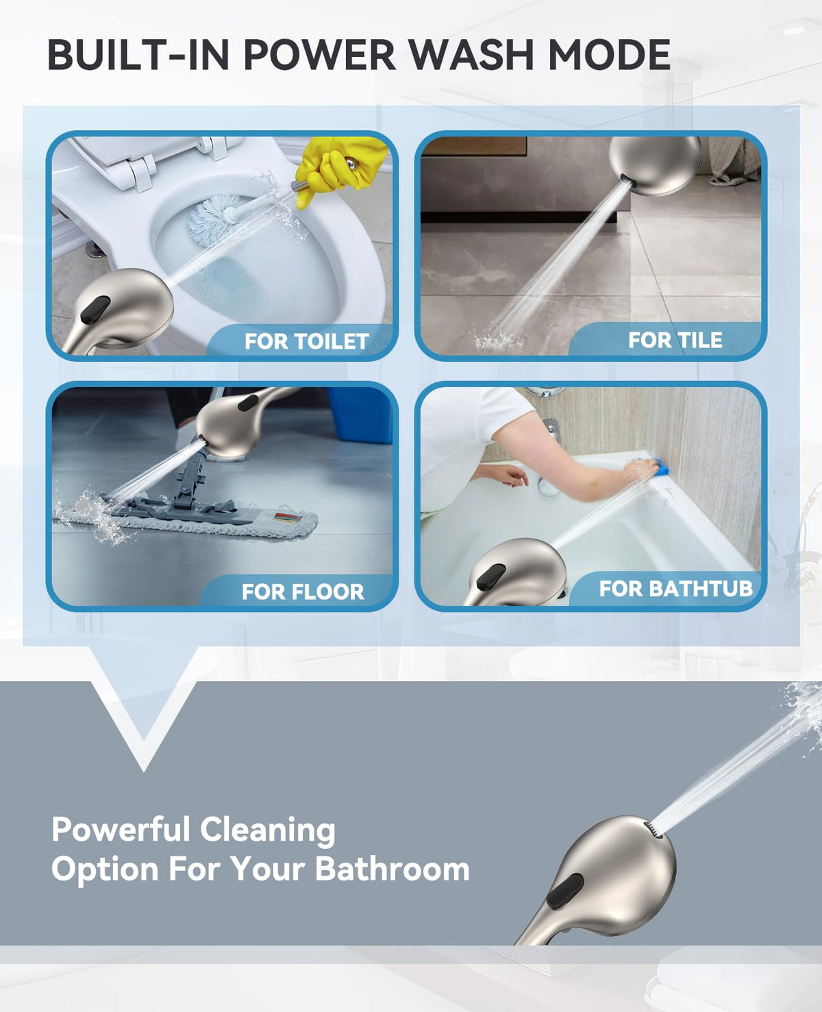 JDO shower head back button activates power wash mode