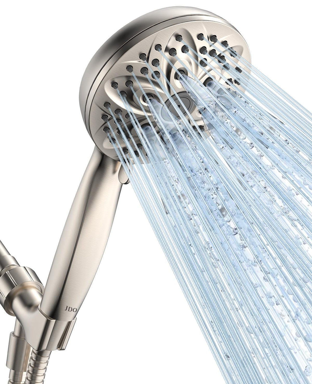 JDO handheld shower head with brushed-nickel finish showing 6 settings for customization