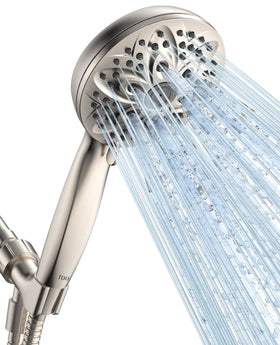 JDO handheld shower head with brushed-nickel finish showing 6 settings for customization