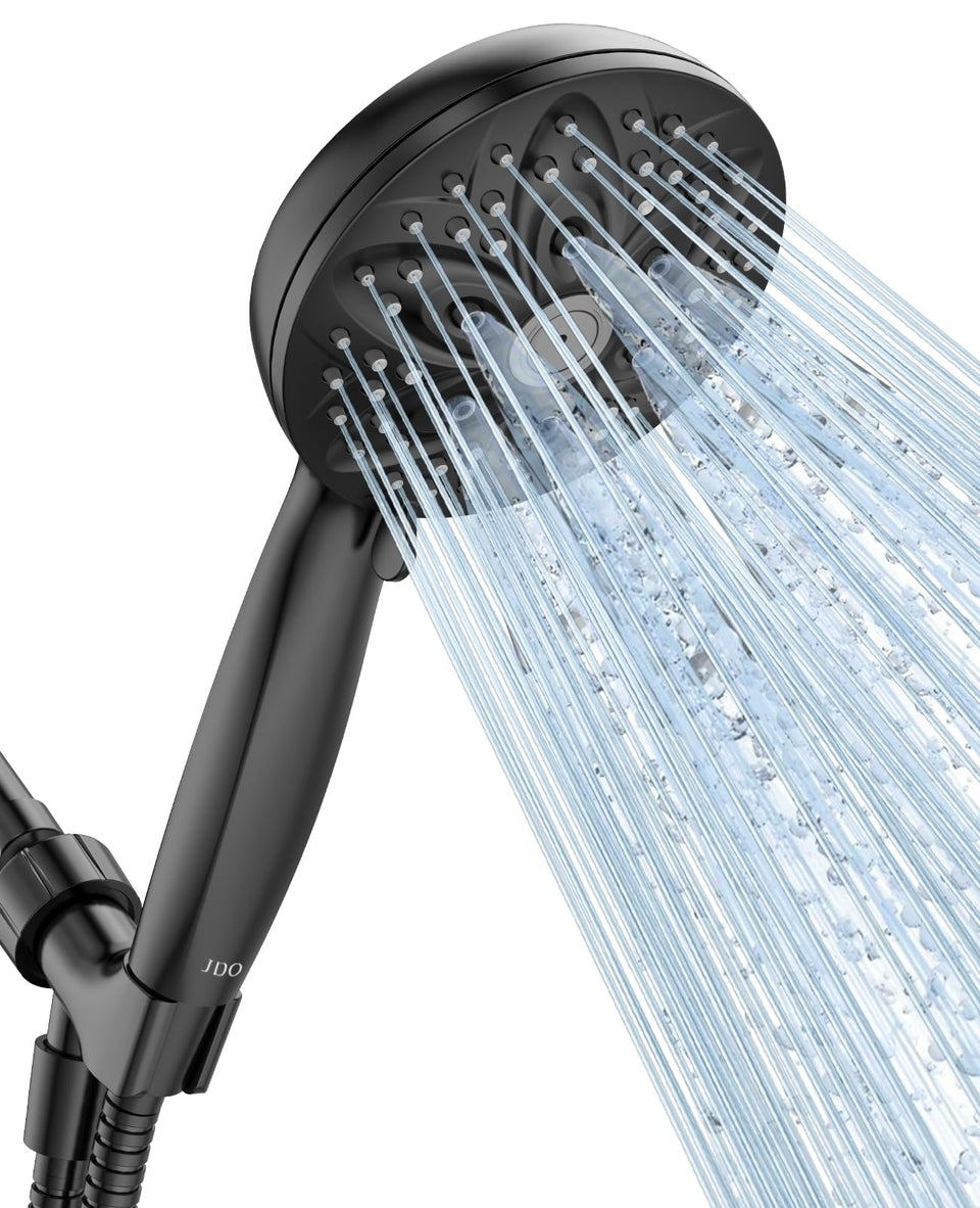 JDO handheld matte black shower head panel delivers broad rain-like coverage