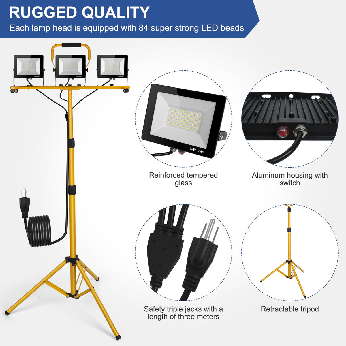 JDZKOMKE IP66 waterproof tripod light withstands rain and dust for outdoor use