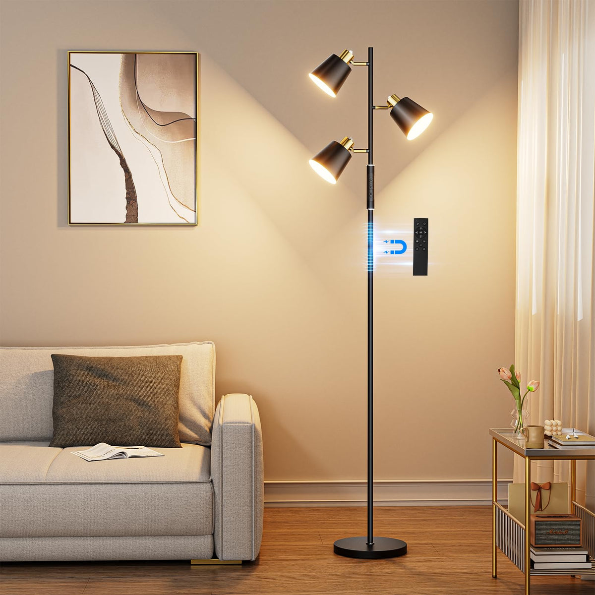 Jeagop LED Tree Floor Lamp three-light design for versatile room lighting.