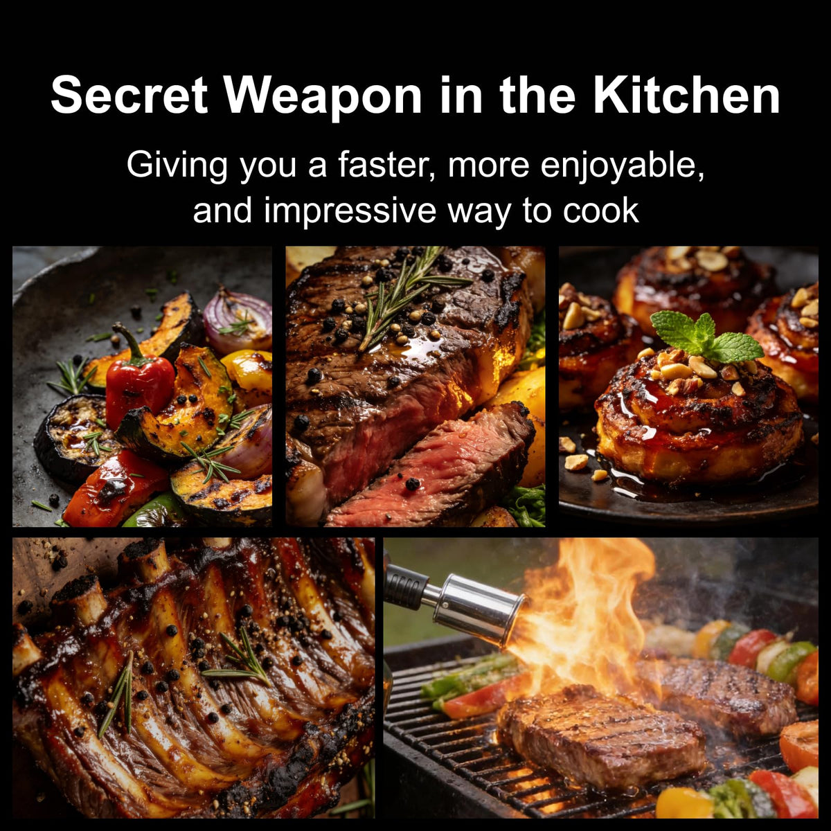 Jeagou heavy-duty torch illustrating multi-use capabilities for cooking, BBQ, camping, and more.