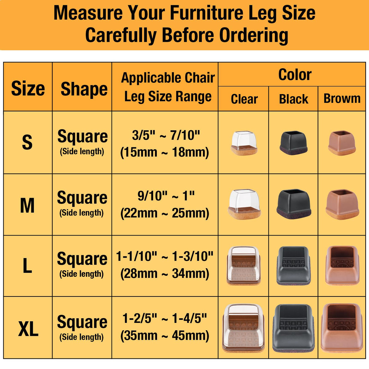 Jeaoouu size chart showing fit options for square chair legs
