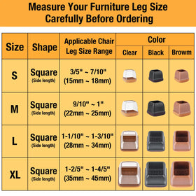 Jeaoouu size chart showing fit options for square chair legs