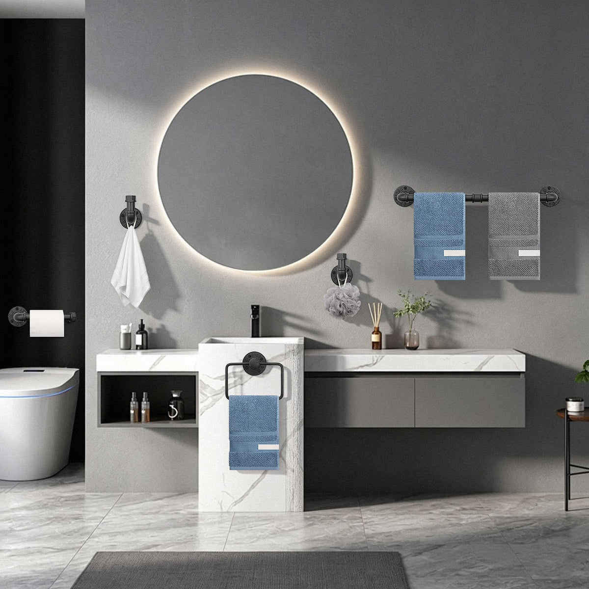 Jeasor farmhouse-style bathroom setup in black demonstrates compact, durable hardware.