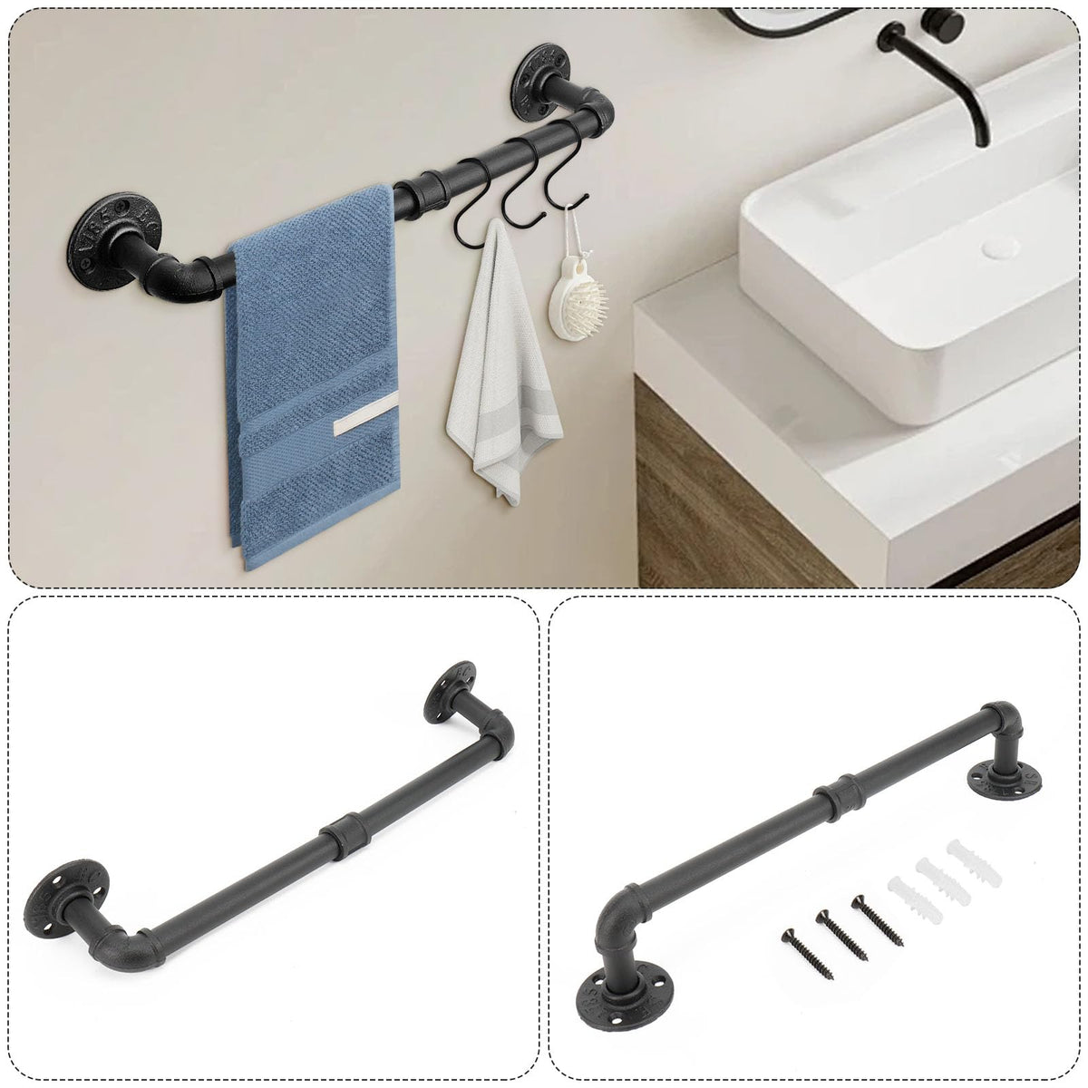 Jeasor black towel ring provides quick access and organized space.