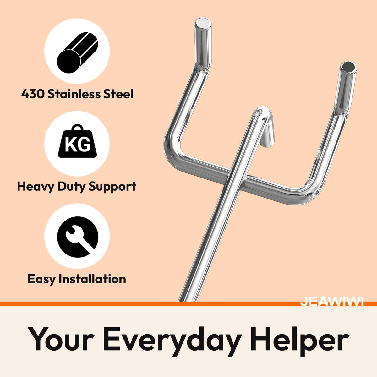 JEAWIWI pegboard hooks rust-resistant stainless steel for durable storage.