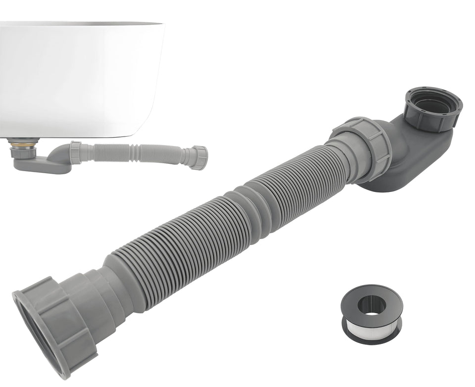 Jeckthun low profile tub drain with P-trap for tight freestanding tub spaces.