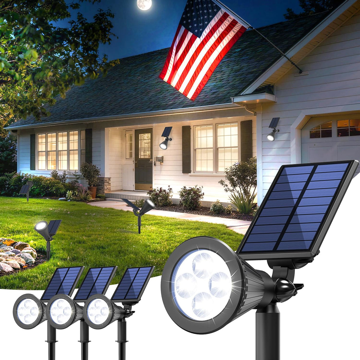 JEJOT solar lights illuminate a flag with energy-efficient 6500K brightness.