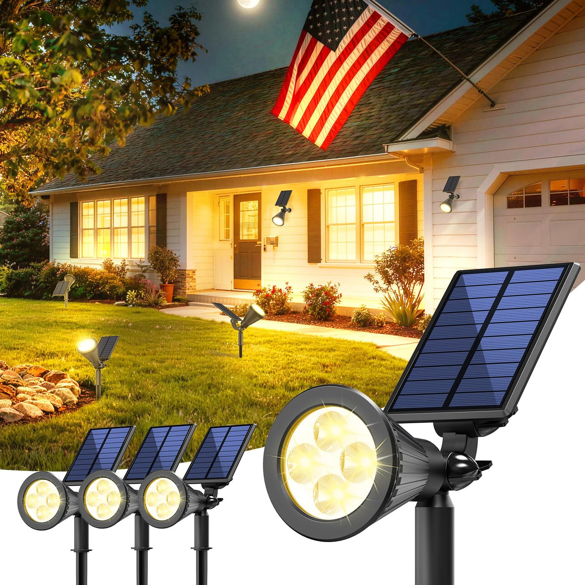 JEJOT solar light highlights a flagpole for dramatic nighttime landscaping