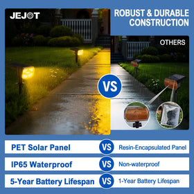 JEJOT solar lights wide beam coverage brightening patios and walkways at night.