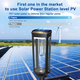 JEJOT solar pathway light ground stake shows simple no-wiring installation.