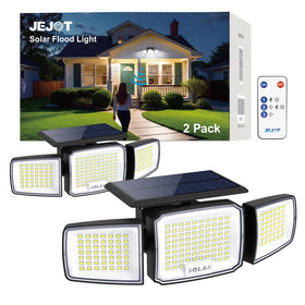 JEJOT 3-head solar security light illuminates outdoor areas.