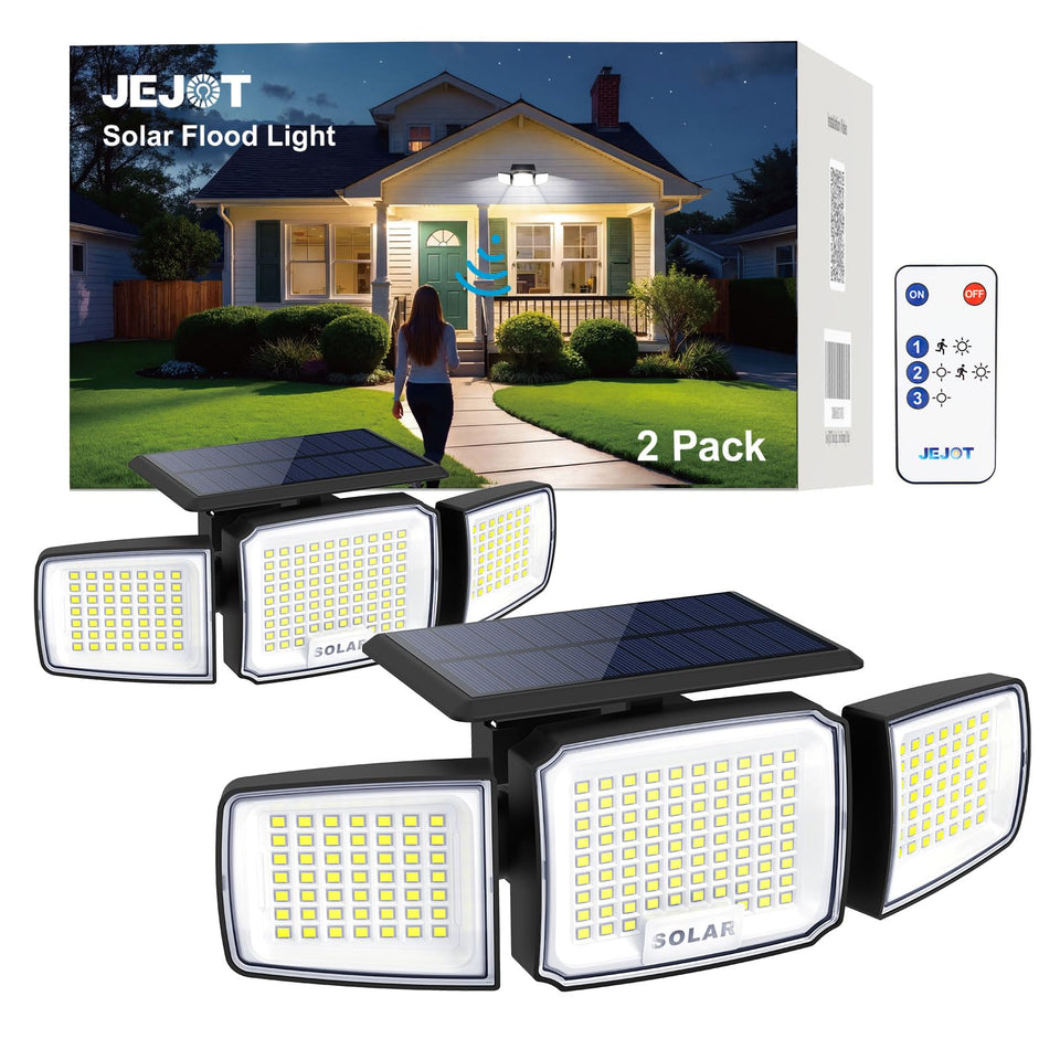 JEJOT 3-head solar security light illuminates outdoor areas.