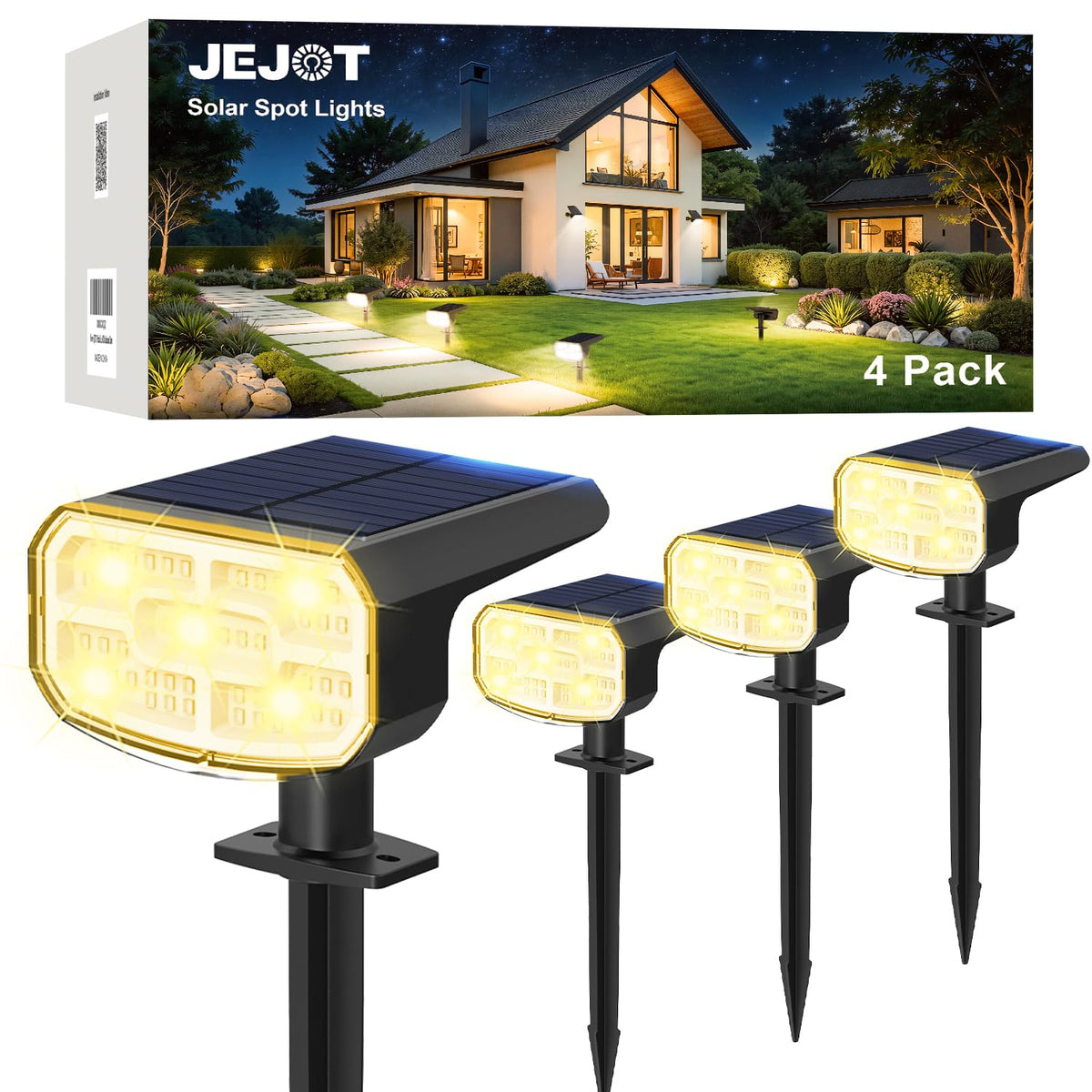 JEJOT solar spotlight with warm white glow lights garden path at night