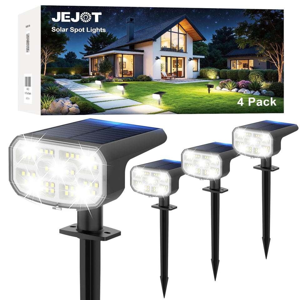 JEJOT solar spotlights illuminate outdoor entry with cool inviting light
