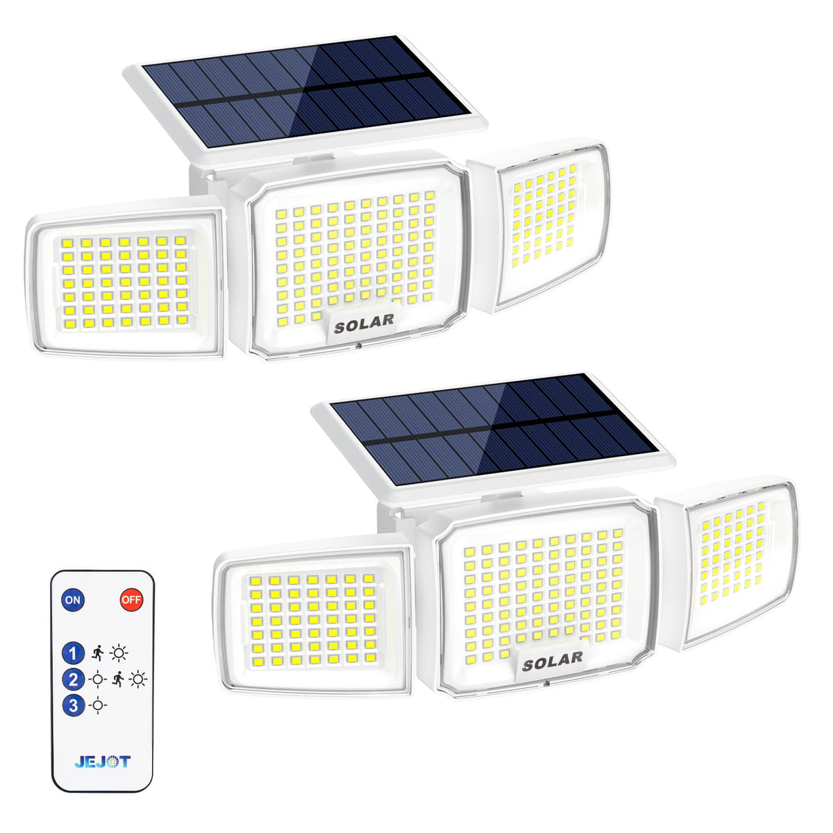 JEJOT white solar security light front view with three heads for broad outdoor coverage