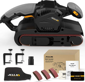 Jellas 7Amp belt sander in action with dust bag for clean woodworking.