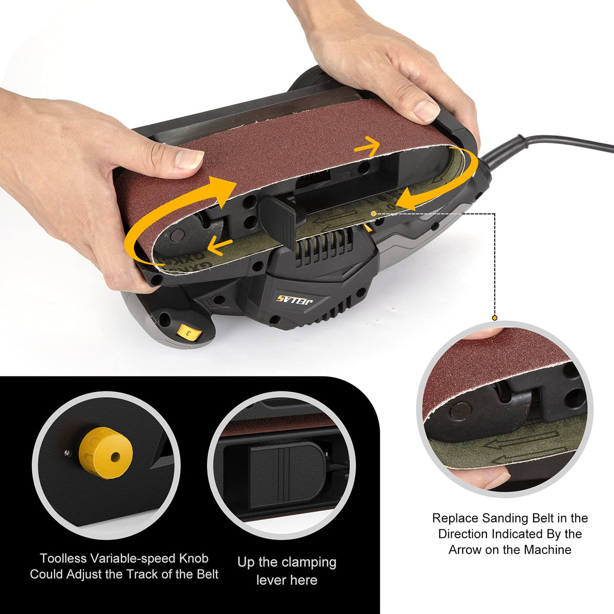 Jellas bench sander mode with clamps for hands-free operation.